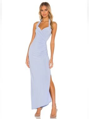 Norma Kamali REVOLVE Halter Sweetheart Drape Gown Celestial Blue greek toga L